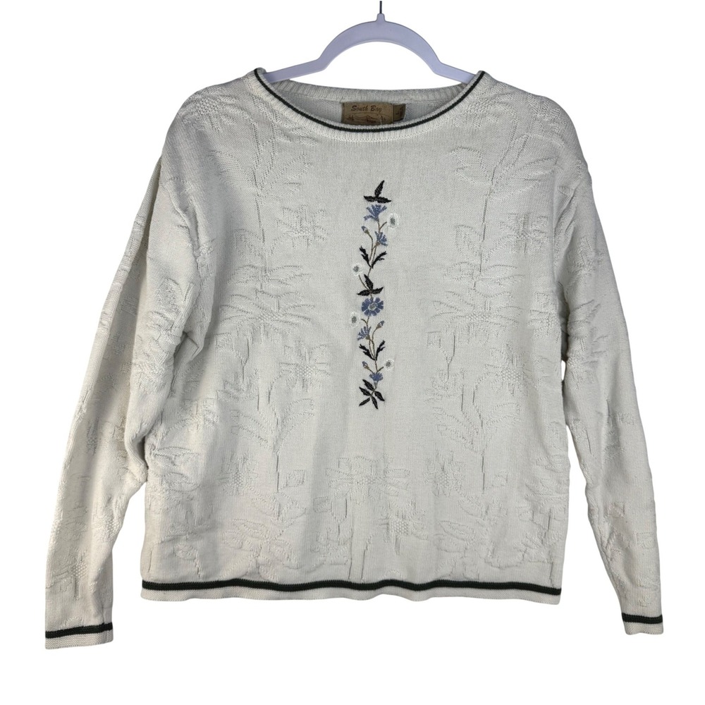 South Bay Womens Cream Cotton Floral Embroidered Textured Knit Sweater Large‎